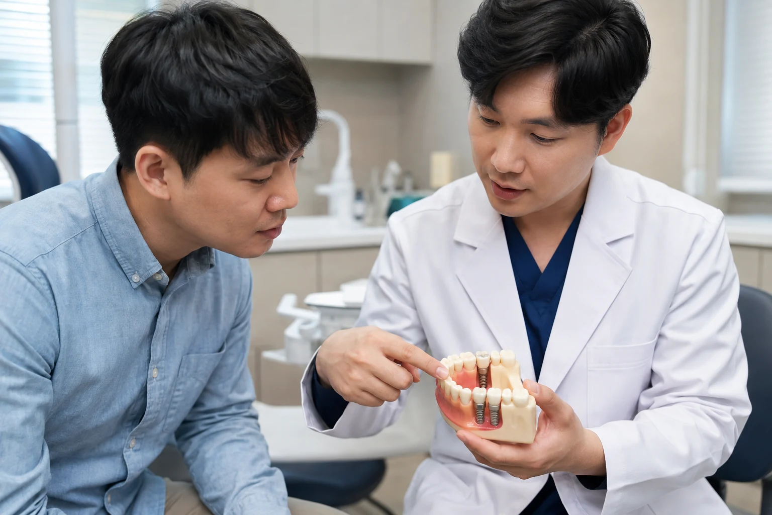 임플란트 모형과 디지털 장비 활용 장면