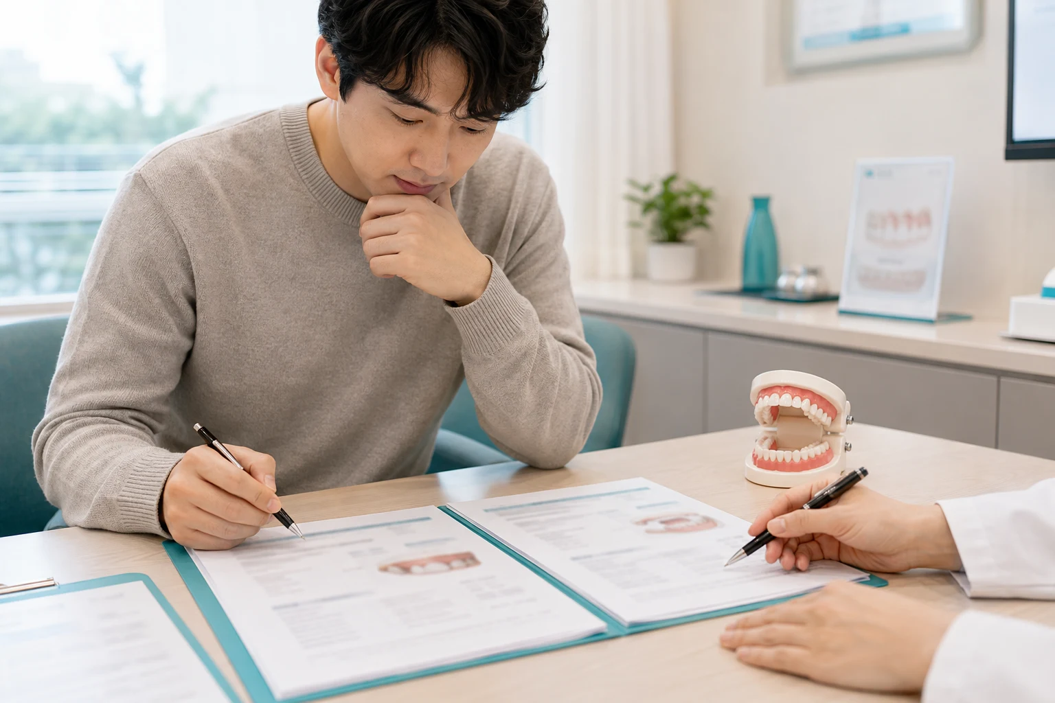 상담 자료를 비교하며 메모하는 환자