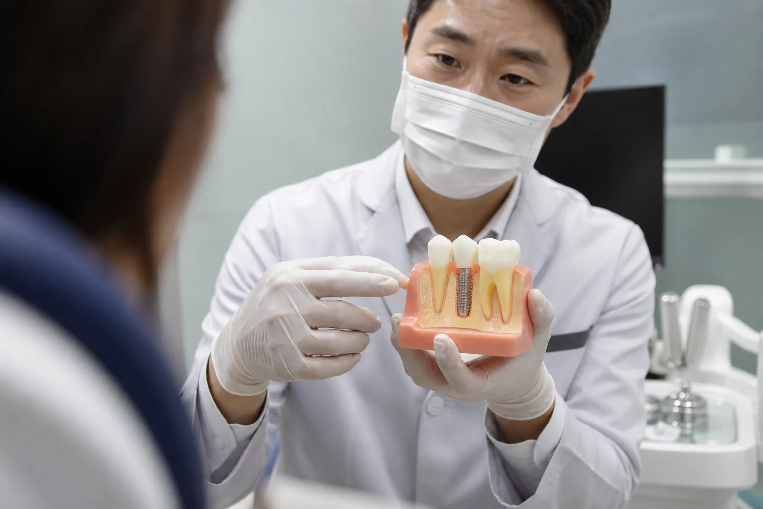 임플란트 교육 모형으로 설명하는 장면