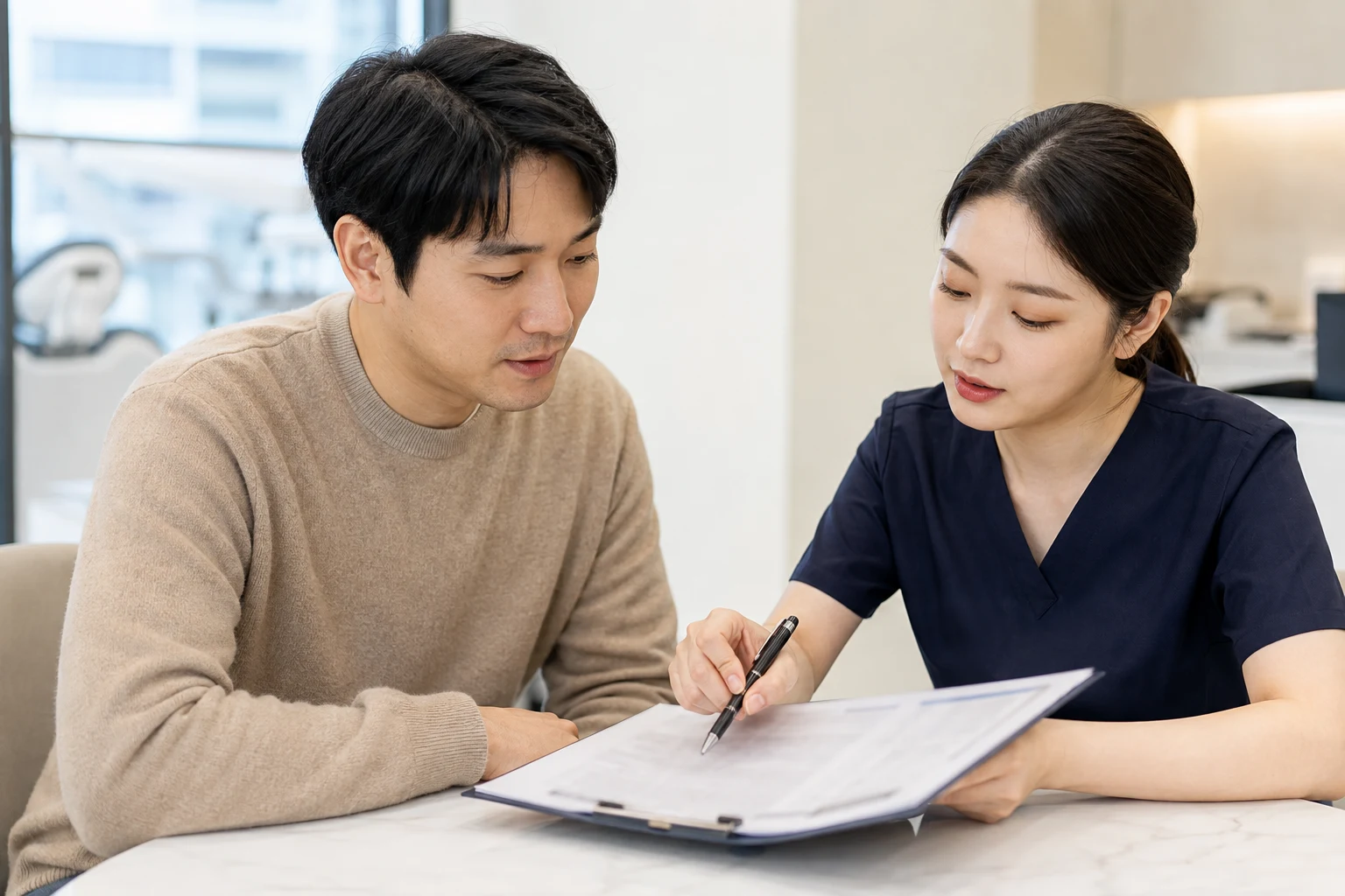 보증 문서와 치료 일정을 확인하는 환자