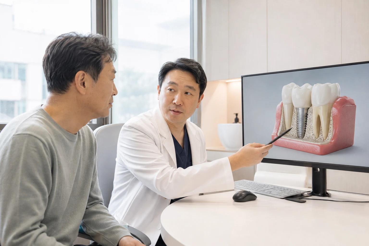 치과 상담실에서 3D 모델로 진단 결과를 설명하는 장면